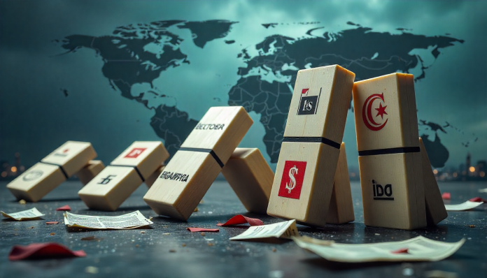 Symbolic representation of global corporate bankruptcies in 2024 with dominoes toppling, fading logos, and stormy economic backdrop.