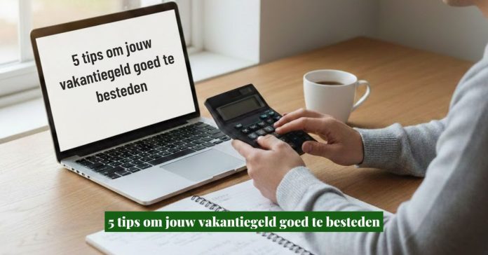Persoon maakt financieel plan voor vakantiegeld met rekenmachine en laptop - slim vakantiegeld besteden