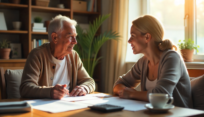 Older adult and supportive advisor calmly discussing financial documents at a home table, illustrating voluntary financial help.