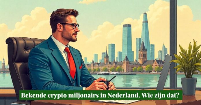 Illustratie van crypto miljonair in Nederland met financiële skyline