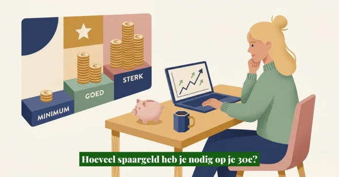 Jonge vrouw op haar 30e die haar spaargeld berekent met een laptop en spaargrafiek